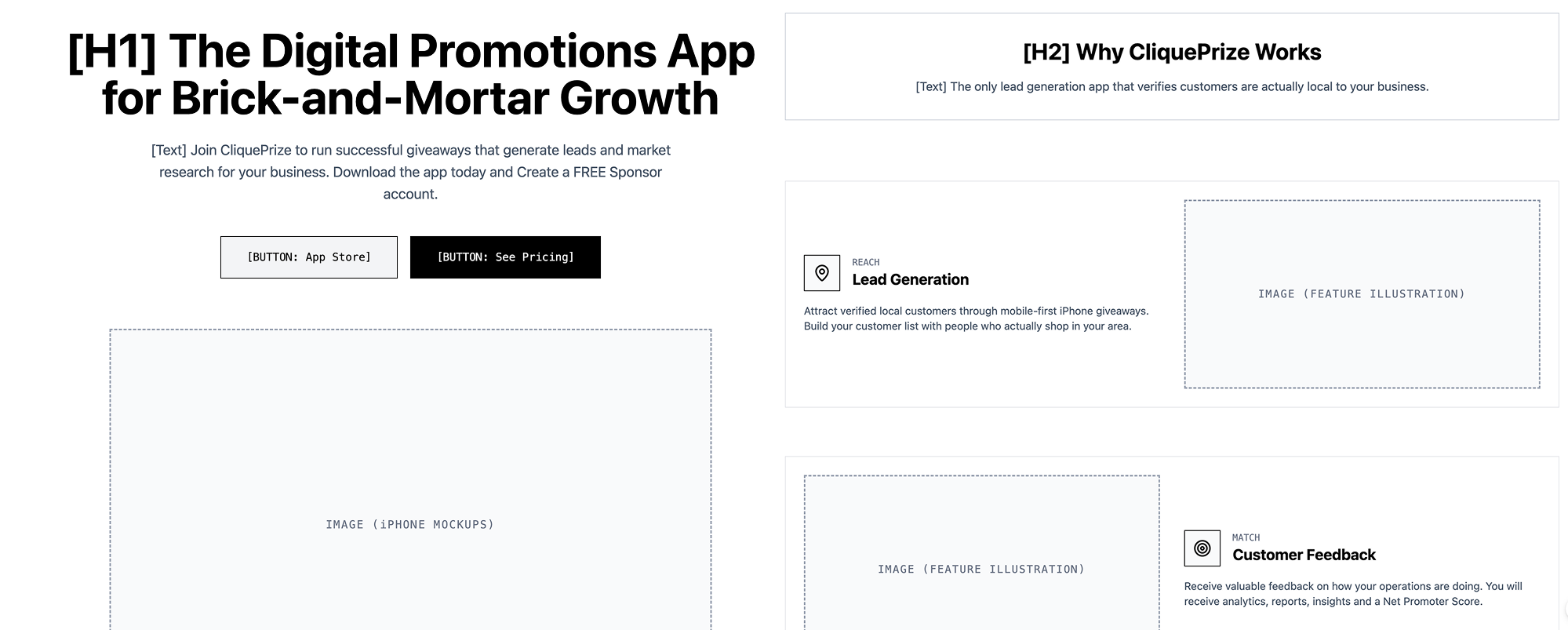 Wireframes showing restructured page information architecture